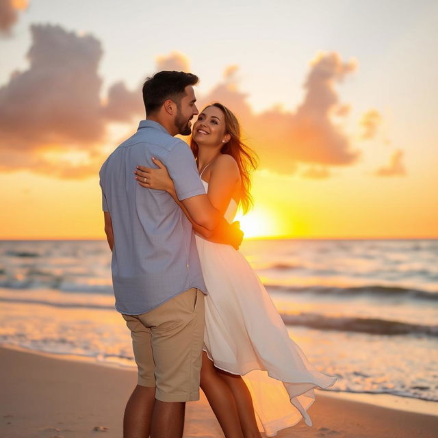 A romantic portrait of a couple standing together on a beach at sunset, with their arms around each other, gazing into the distance