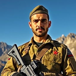 A heroic portrait of a soldier named Mahmood Yousafzai, wearing a modern military uniform with distinctive insignia