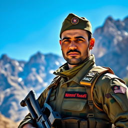 A heroic portrait of a soldier named Mahmood Yousafzai, wearing a modern military uniform with distinctive insignia