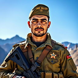 A heroic portrait of a soldier named Mahmood Yousafzai, wearing a modern military uniform with distinctive insignia