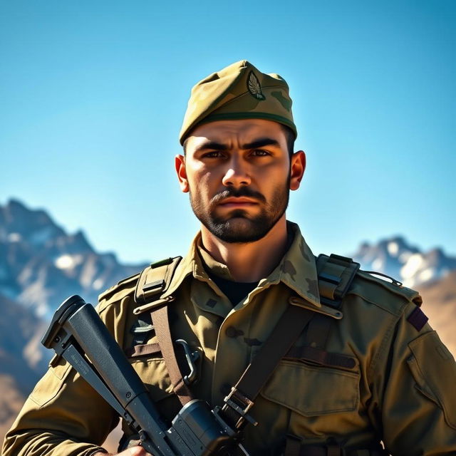 A heroic portrait of a soldier named Mahmood Yousafzai, wearing a modern military uniform with distinctive insignia