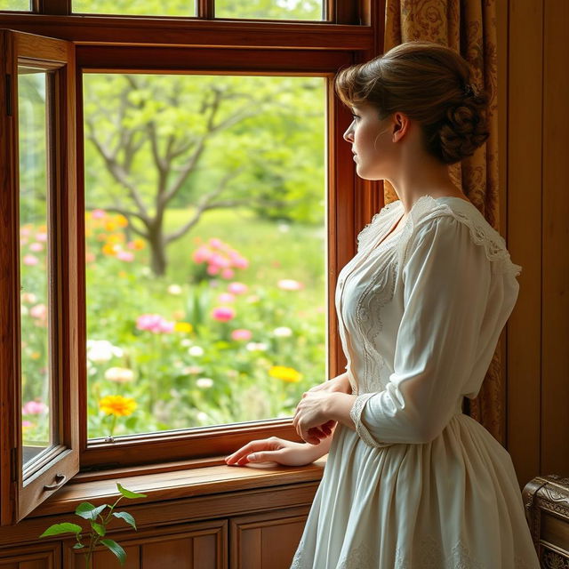 A Victorian lower class woman standing near a window, gazing out at a vibrant spring landscape