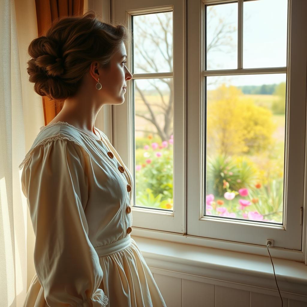 A Victorian lower class woman standing near a window, gazing out at a vibrant spring landscape