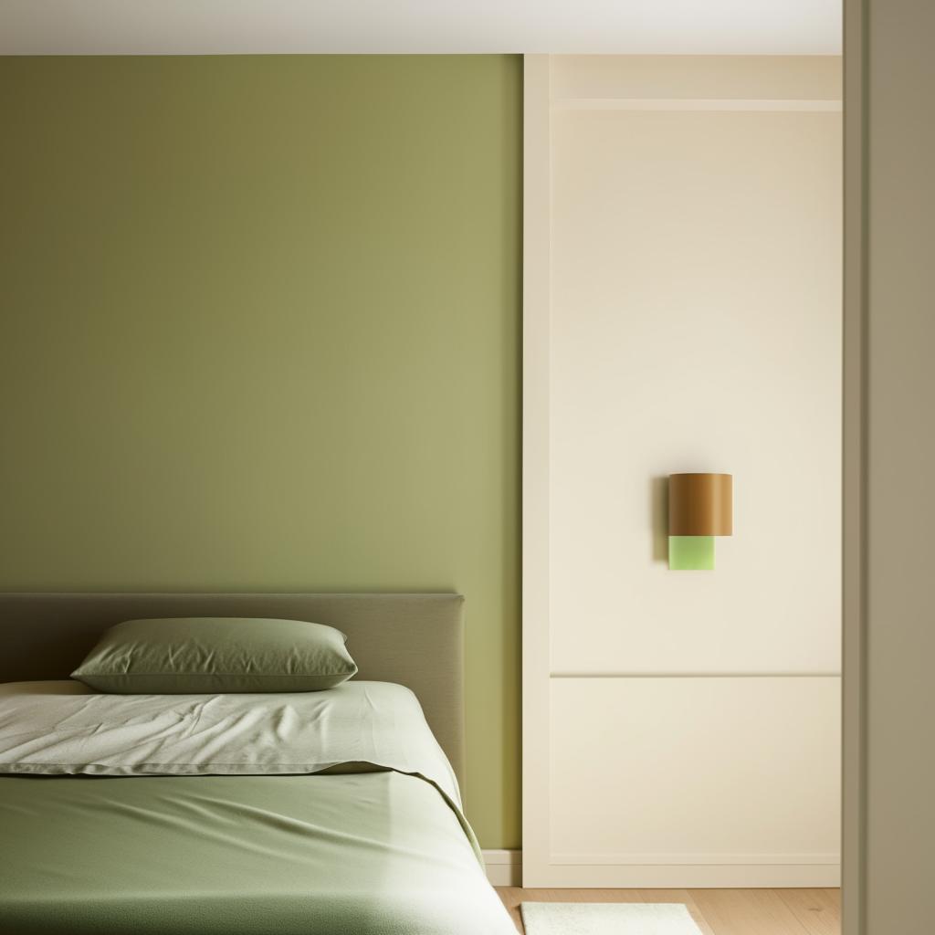 A bedroom featuring a 3-meter wide wall painted in soft, light colors, with a large, green 160 cm wide bed placed adjacent to it.