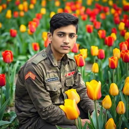 A young soldier in a three-color camouflage uniform, sitting in a garden filled with vibrant red and yellow tulips