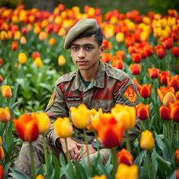 A young soldier in a three-color camouflage uniform, sitting in a garden filled with vibrant red and yellow tulips