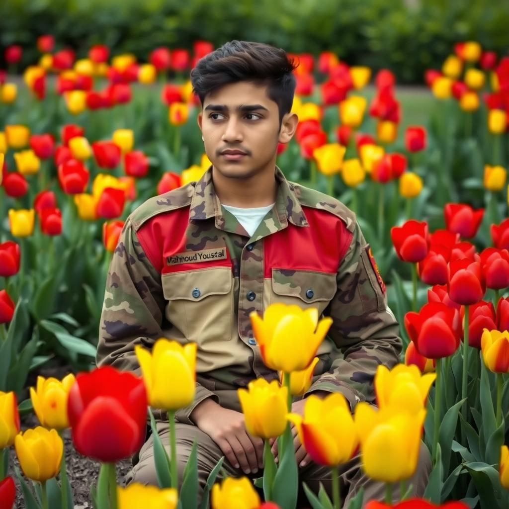 A young soldier in a three-color camouflage uniform, sitting in a garden filled with vibrant red and yellow tulips