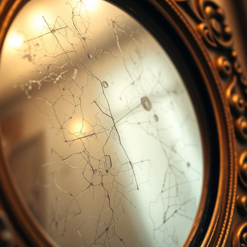 A highly detailed close-up of a mirror reflecting a pristine surface with clear dirt patterns on it