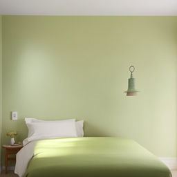 A bedroom featuring a 3-meter wide wall painted in soft, light colors, with a large, green 160 cm wide bed placed adjacent to it.