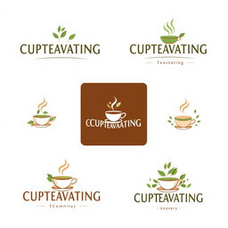 A series of modern logo designs for a tea company named 'CUPTEAVATING'