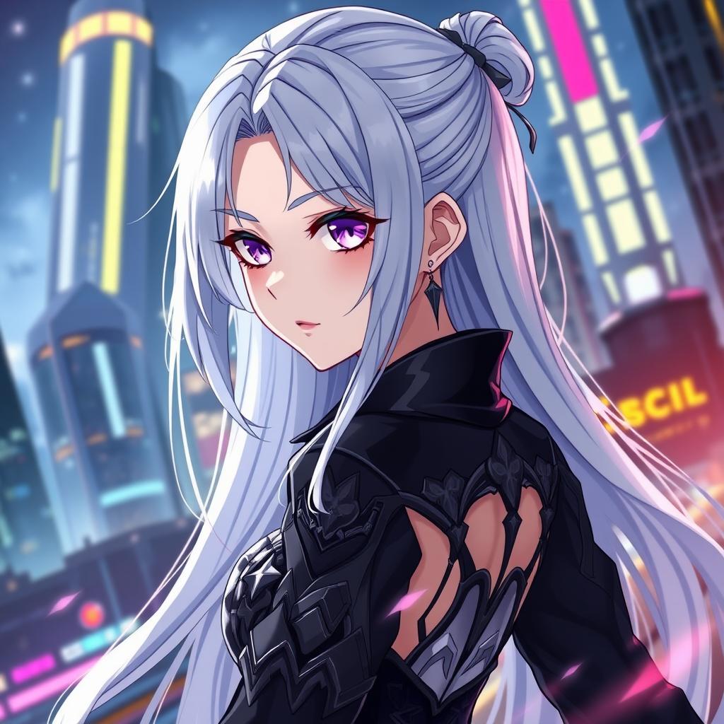 A beautiful anime girl inspired by the character Kafka from Honkai Star Rail, showcasing her striking silver hair cascading down her back, wearing an elegant, stylish outfit with intricate details and a dark color palette