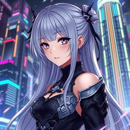 A beautiful anime girl inspired by the character Kafka from Honkai Star Rail, showcasing her striking silver hair cascading down her back, wearing an elegant, stylish outfit with intricate details and a dark color palette