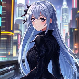 A beautiful anime girl inspired by the character Kafka from Honkai Star Rail, showcasing her striking silver hair cascading down her back, wearing an elegant, stylish outfit with intricate details and a dark color palette