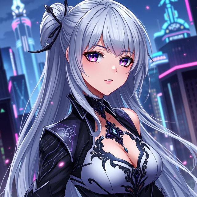 A beautiful anime girl inspired by the character Kafka from Honkai Star Rail, showcasing her striking silver hair cascading down her back, wearing an elegant, stylish outfit with intricate details and a dark color palette