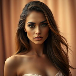 A close-up portrait of a striking woman with long flowing hair, wearing an elegant evening gown