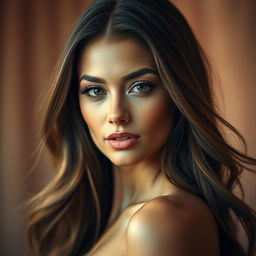 A close-up portrait of a striking woman with long flowing hair, wearing an elegant evening gown