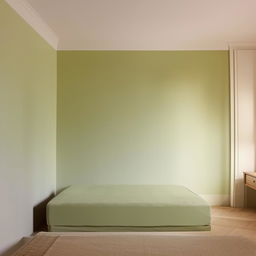 A bedroom featuring a 3-meter wide wall painted in soft, light colors, with a large, green 160 cm wide bed placed adjacent to it.