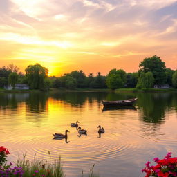 A serene landscape featuring a tranquil lake reflecting the soft hues of a sunset, surrounded by lush green trees and vibrant flowers