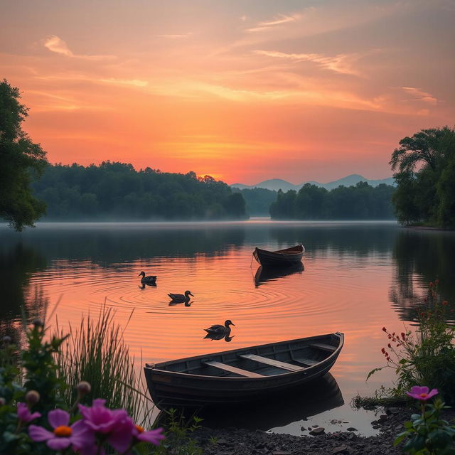 A serene landscape featuring a tranquil lake reflecting the soft hues of a sunset, surrounded by lush green trees and vibrant flowers