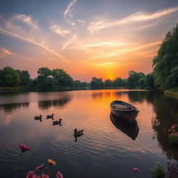 A serene landscape featuring a tranquil lake reflecting the soft hues of a sunset, surrounded by lush green trees and vibrant flowers