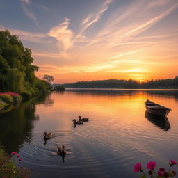 A serene landscape featuring a tranquil lake reflecting the soft hues of a sunset, surrounded by lush green trees and vibrant flowers