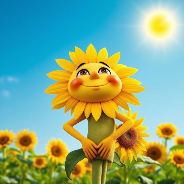 A whimsical sunflower character, with human-like features, standing upright and placing its hands on its back