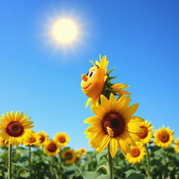 A whimsical sunflower character, with human-like features, standing upright and placing its hands on its back