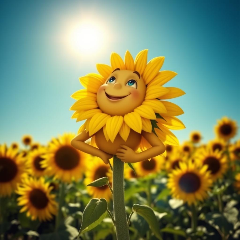 A whimsical sunflower character, with human-like features, standing upright and placing its hands on its back