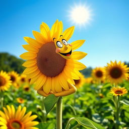 A whimsical sunflower character, with human-like features, standing upright and placing its hands on its back