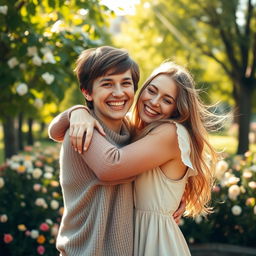 A warm and heartwarming scene of two people embracing each other in a loving hug