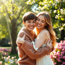 A warm and heartwarming scene of two people embracing each other in a loving hug