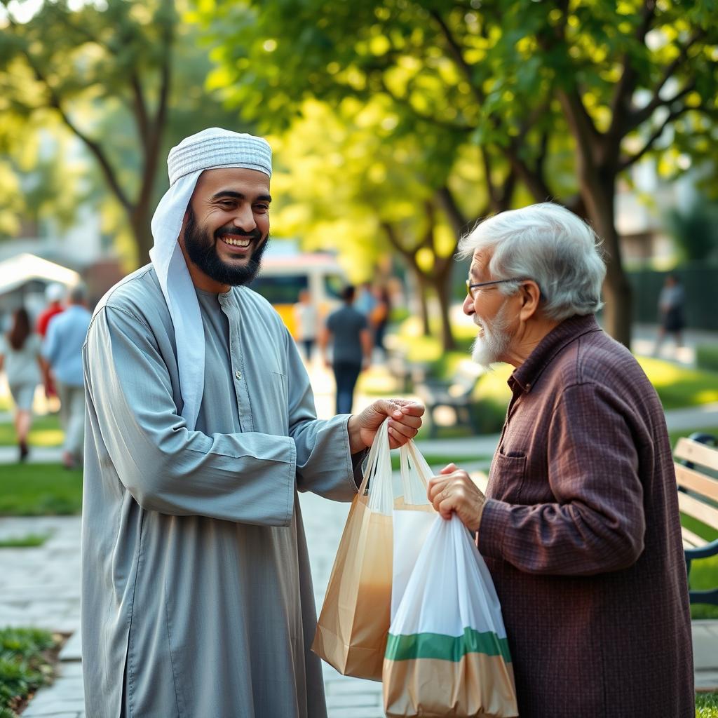 A friendly Muslim man offering assistance to someone in need, dressed in traditional clothing such as a thobe and kufi, standing in a community setting with a warm smile