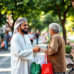 A friendly Muslim man offering assistance to someone in need, dressed in traditional clothing such as a thobe and kufi, standing in a community setting with a warm smile