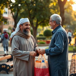 A friendly Muslim man offering assistance to someone in need, dressed in traditional clothing such as a thobe and kufi, standing in a community setting with a warm smile