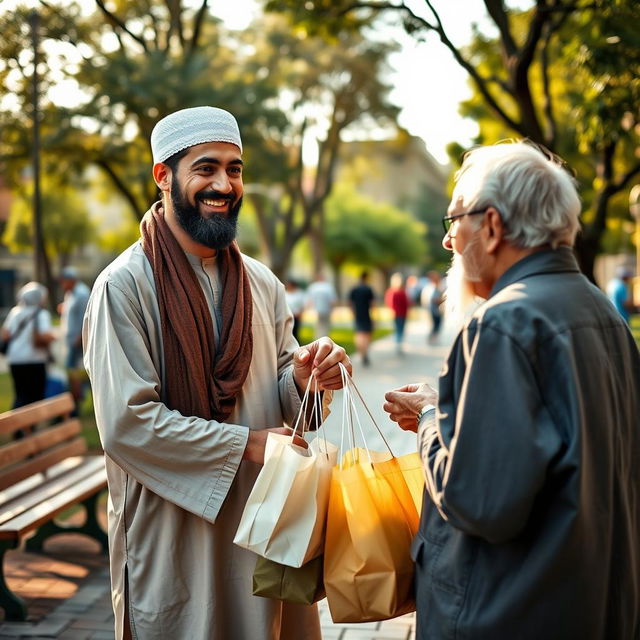 A friendly Muslim man offering assistance to someone in need, dressed in traditional clothing such as a thobe and kufi, standing in a community setting with a warm smile