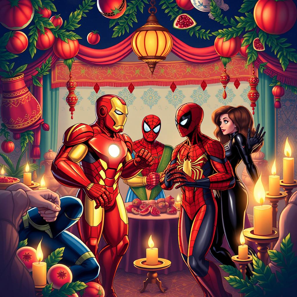 A dynamic and colorful scene depicting Marvel superheroes like Iron Man, Spider-Man, and Black Widow in a festive Iranian Yalda night celebration