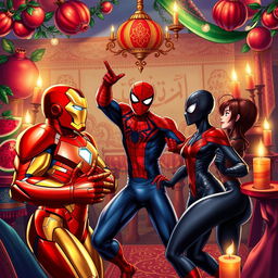 A dynamic and colorful scene depicting Marvel superheroes like Iron Man, Spider-Man, and Black Widow in a festive Iranian Yalda night celebration