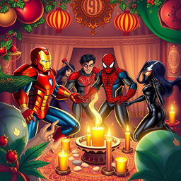 A dynamic and colorful scene depicting Marvel superheroes like Iron Man, Spider-Man, and Black Widow in a festive Iranian Yalda night celebration