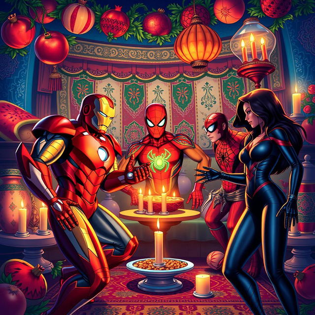 A dynamic and colorful scene depicting Marvel superheroes like Iron Man, Spider-Man, and Black Widow in a festive Iranian Yalda night celebration