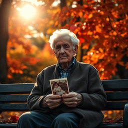 An emotionally resonant scene depicting an elderly person with Alzheimer's disease, sitting on a park bench surrounded by vibrant autumn leaves