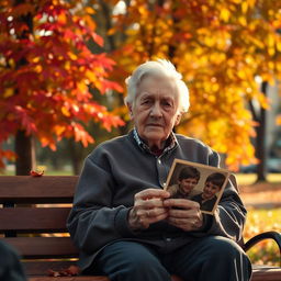 An emotionally resonant scene depicting an elderly person with Alzheimer's disease, sitting on a park bench surrounded by vibrant autumn leaves