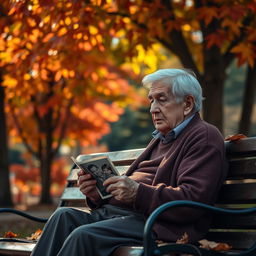 An emotionally resonant scene depicting an elderly person with Alzheimer's disease, sitting on a park bench surrounded by vibrant autumn leaves