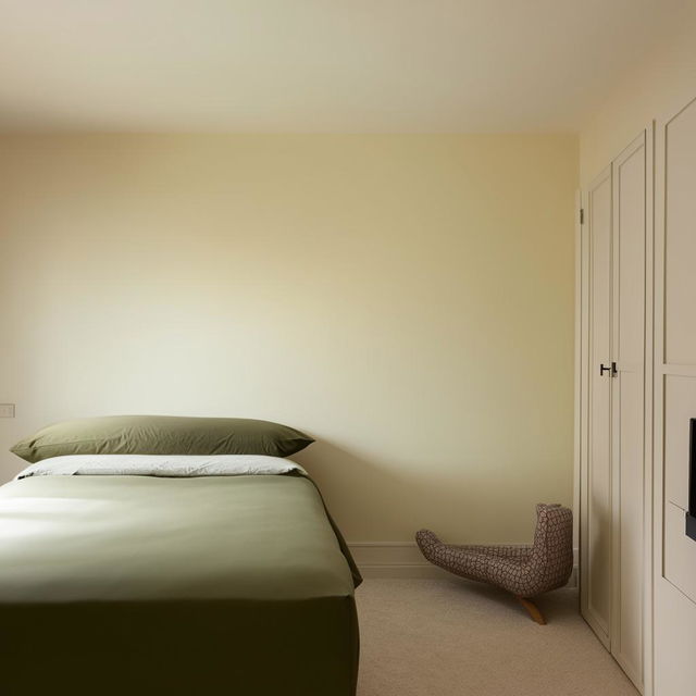 A bedroom with a 3-meter wide wall painted in a light cream color, complemented by a dark green bed measuring 160 cm in width situated adjacent to it.