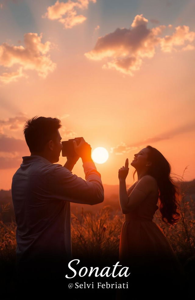 A romantic scene depicting two couples under a beautiful sunset