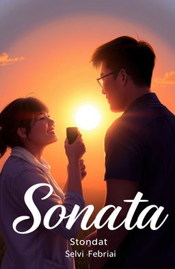 A romantic scene depicting two couples under a beautiful sunset