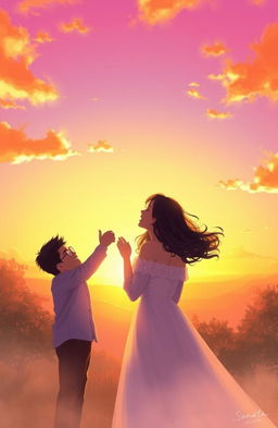 A romantic scene depicting two couples under a beautiful sunset