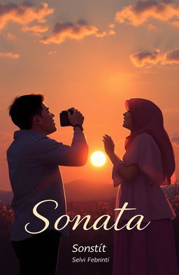 A romantic scene depicting two couples under a beautiful sunset