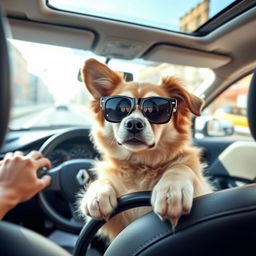 A dog driving a Renault Logan (El Nodal), with its paws on the steering wheel and a playful expression on its face, sitting in the driver's seat