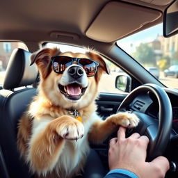 A dog driving a Renault Logan (El Nodal), with its paws on the steering wheel and a playful expression on its face, sitting in the driver's seat