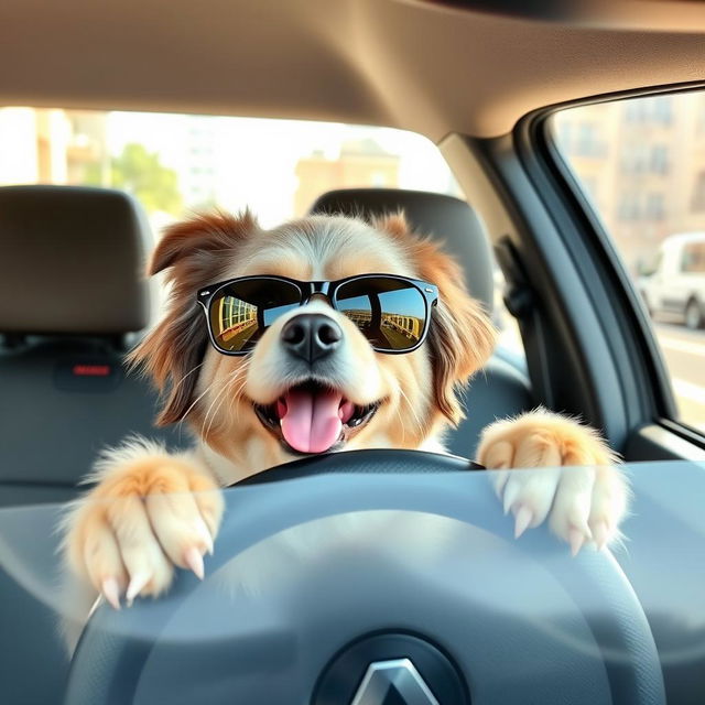 A dog driving a Renault Logan (El Nodal), with its paws on the steering wheel and a playful expression on its face, sitting in the driver's seat